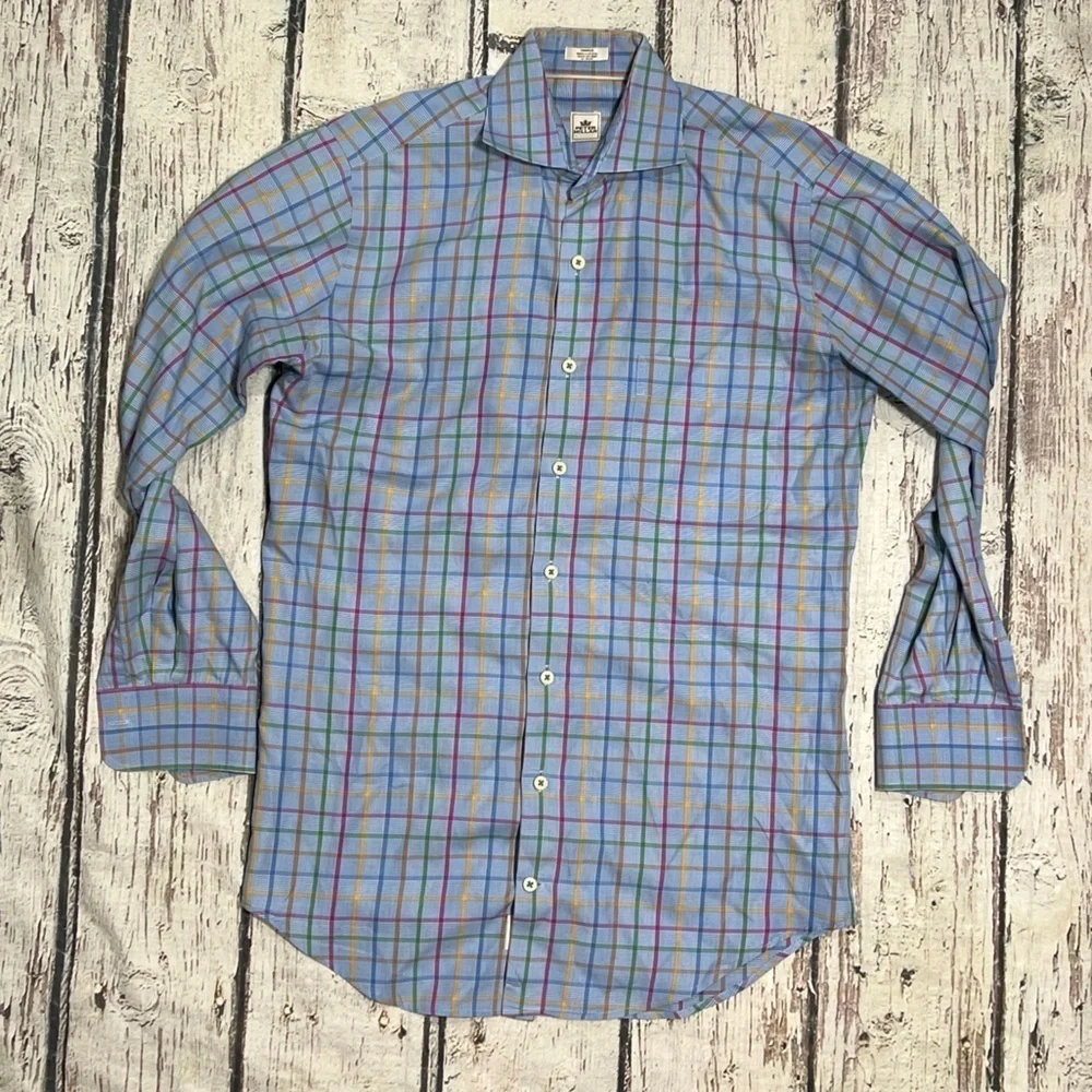Peter Millar Checkered Blue Mens Suit Dress Professional Button Down Shirt